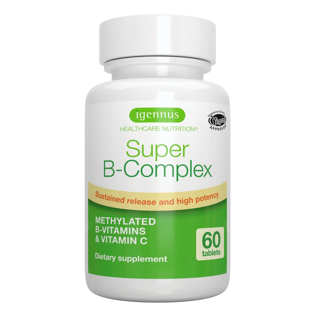 Igennus Super B-Complex packaging close-up showing a clean label and all-day supplement solution.