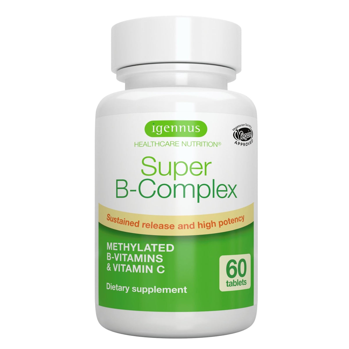 Igennus Super B-Complex packaging close-up showing a clean label and all-day supplement solution.