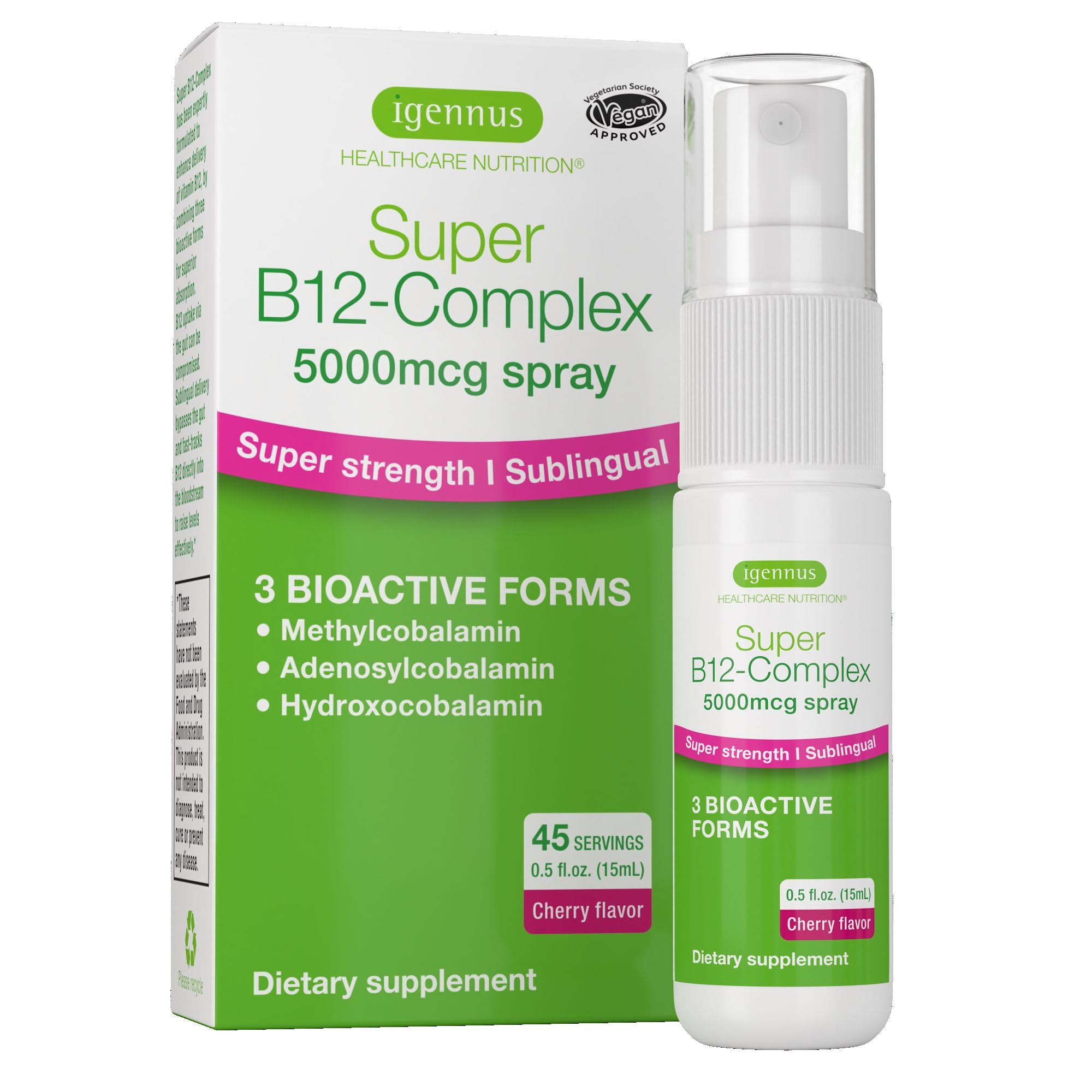 Igennus Triple B12 Complex 5000mcg bottle highlights high strength B12 for daily energy support.