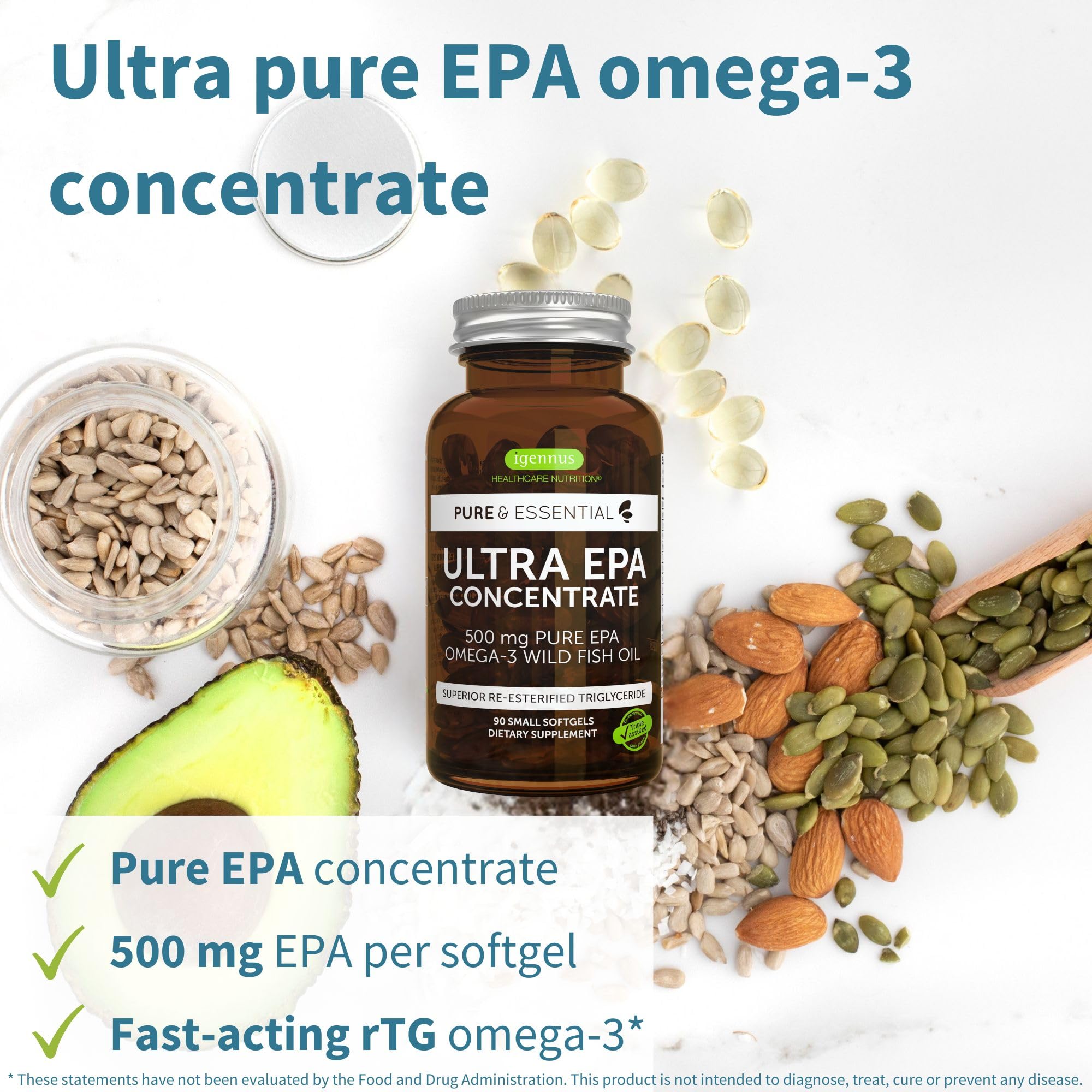 Igennus Ultra Pure Omega-3 EPA 500mg bottle label highlights IFOS certification.