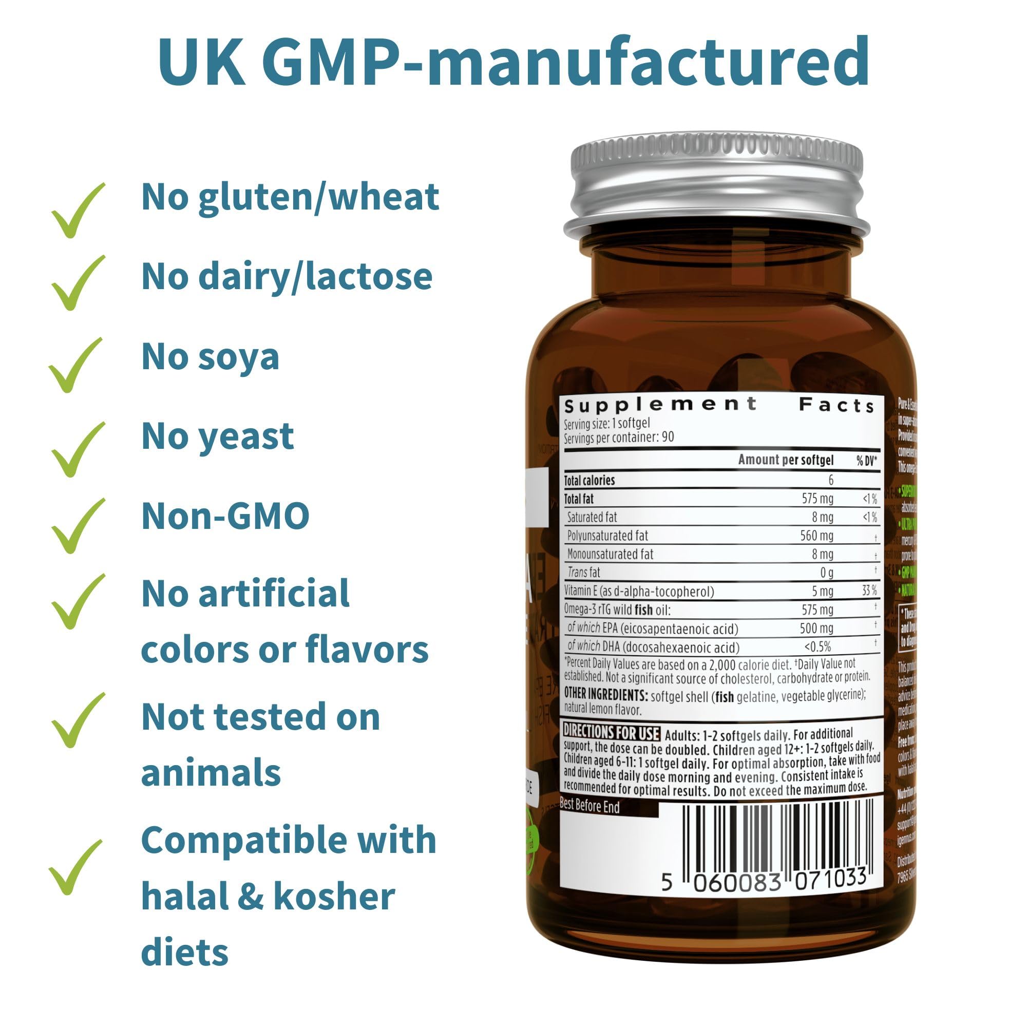 Igennus Ultra Pure Omega-3 EPA 500mg bottle with glass for easy intake.