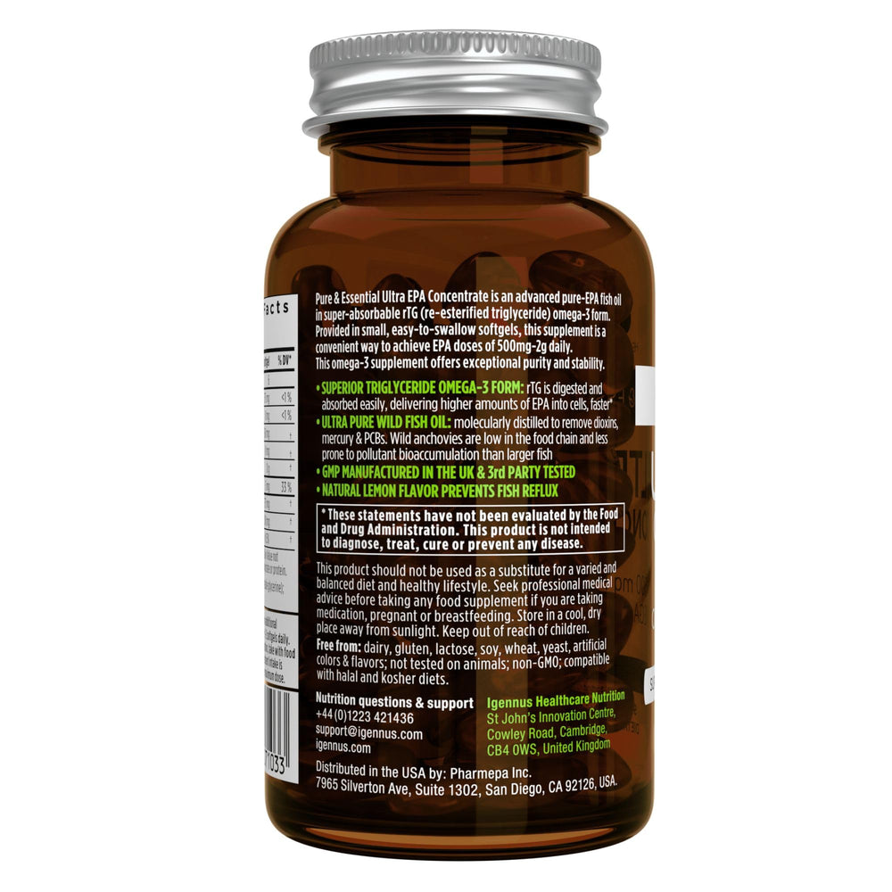 Igennus Ultra Pure Omega-3 EPA 500mg packaging with sustainability icons.