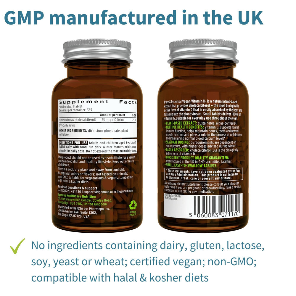 Igennus Vitamin D3 1000IU bottle showing non-GMO claim on the label.