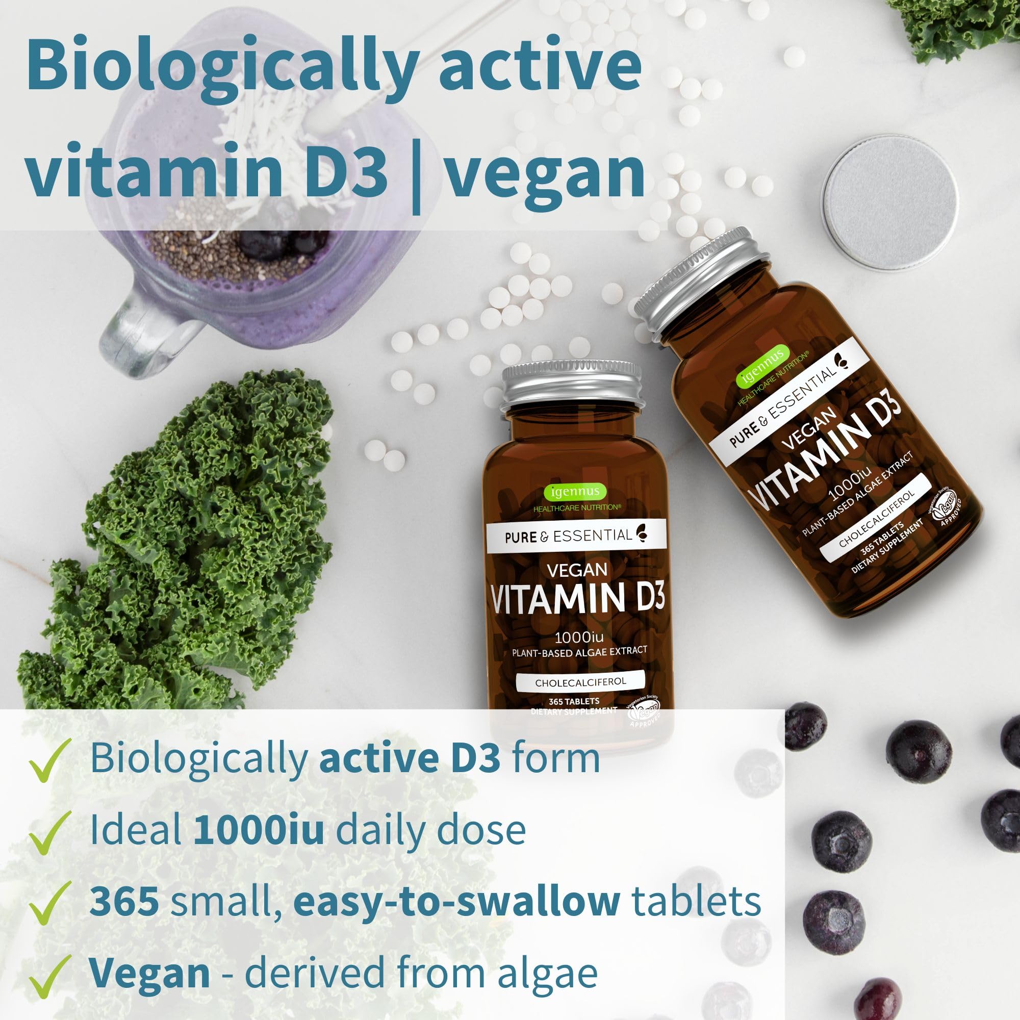 Igennus Vitamin D3 1000IU tablet close-up showing small, easy-to-swallow dose.
