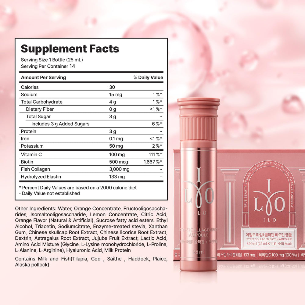 ILO Type 1 label close-up highlights marine collagen and biotin ingredients.