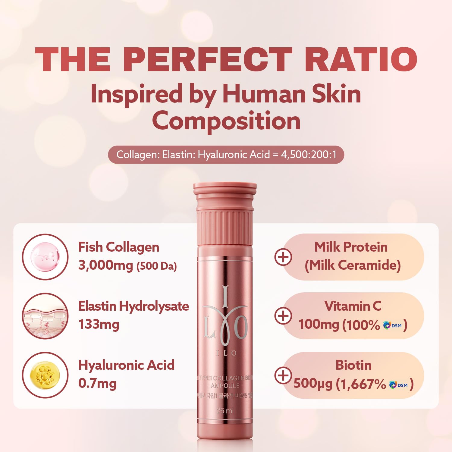 ILO Type 1 orange flavor bottle highlights a tasty daily beauty shot for skin and hair.