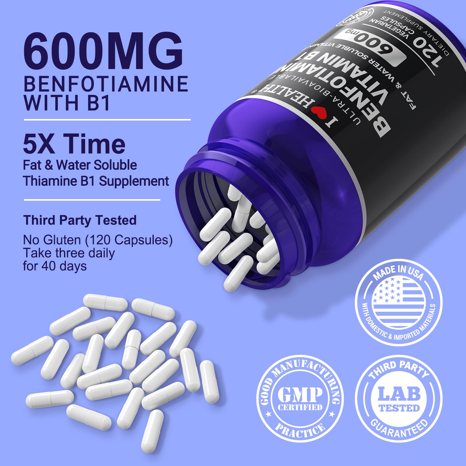 I LOVE HEALTH Benfotiamine label highlighting third-party testing