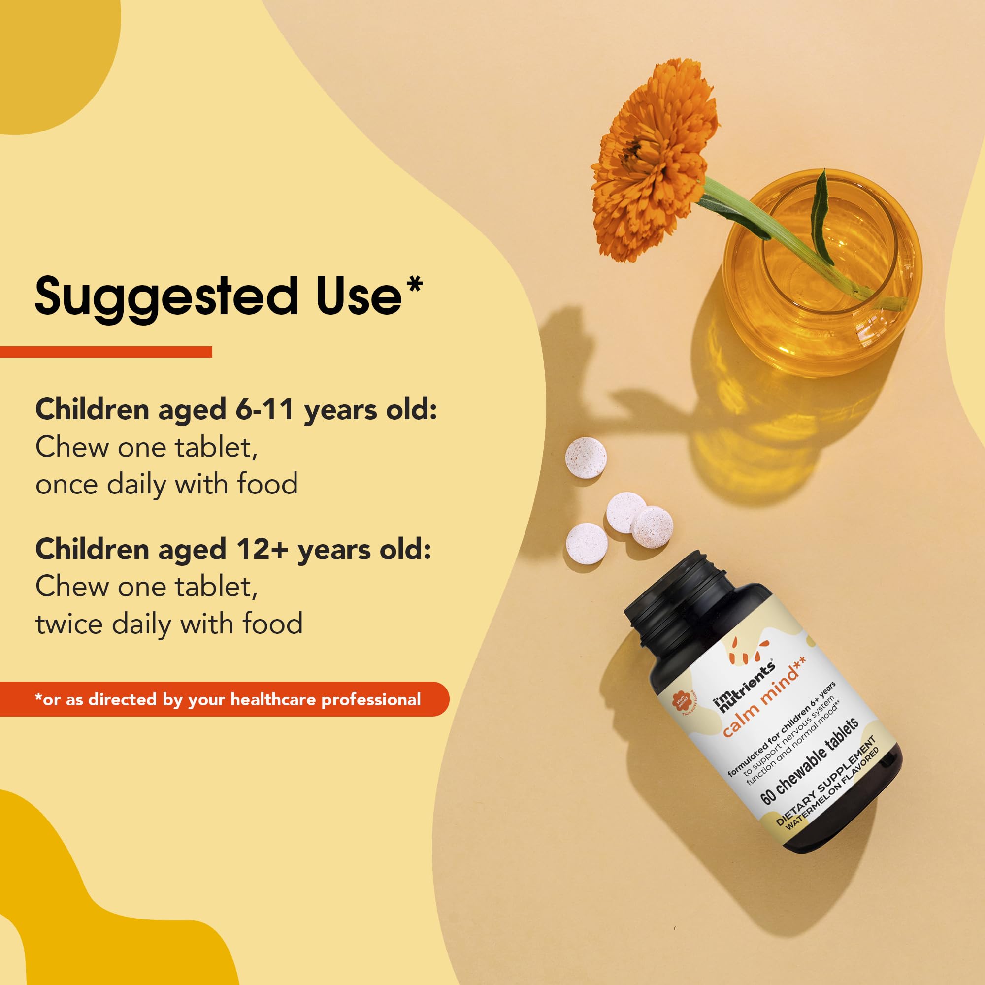 I'm Nutrients Calm Mind dosage chart highlights simple daily use for kids