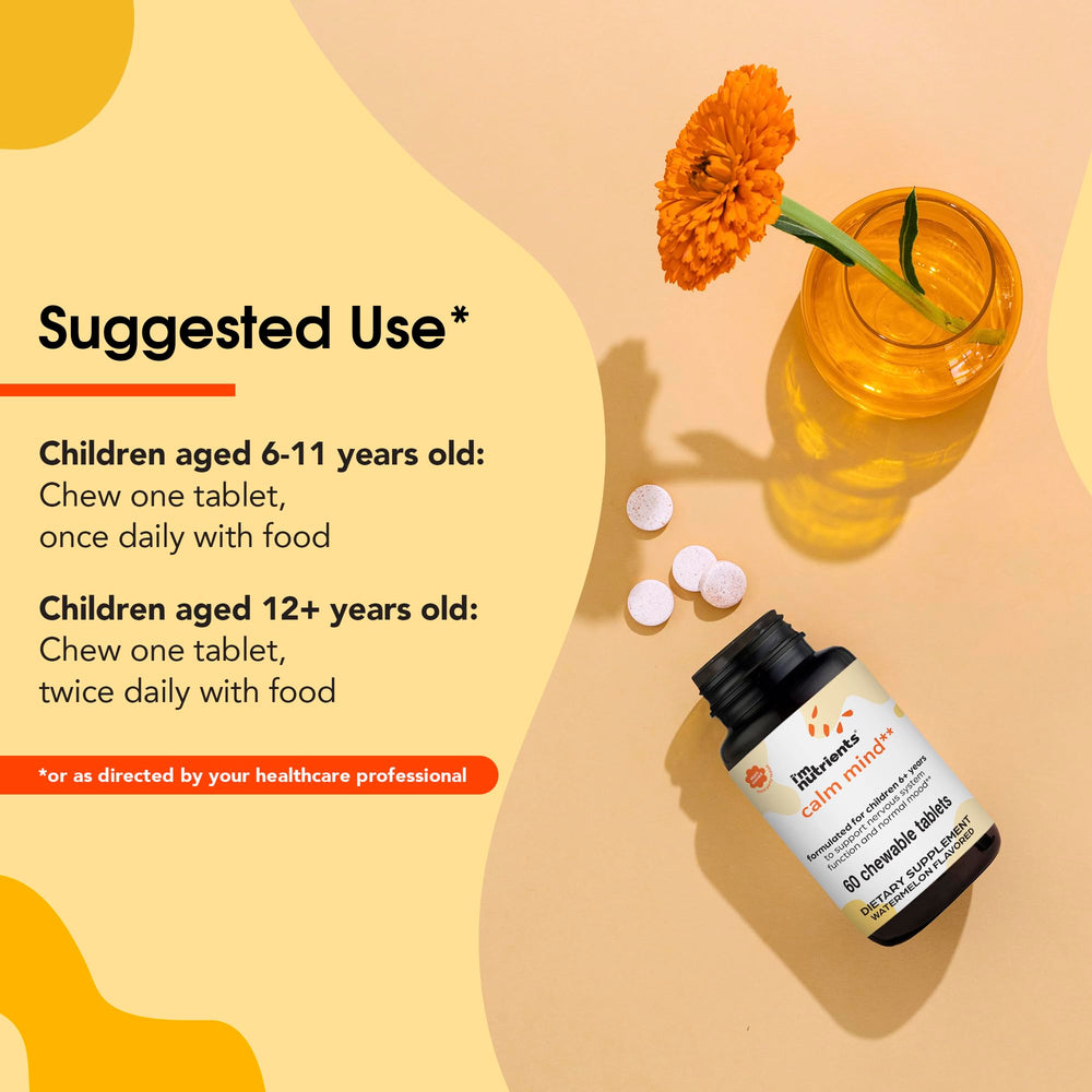 I'm Nutrients Calm Mind dosage chart highlights simple daily use for kids