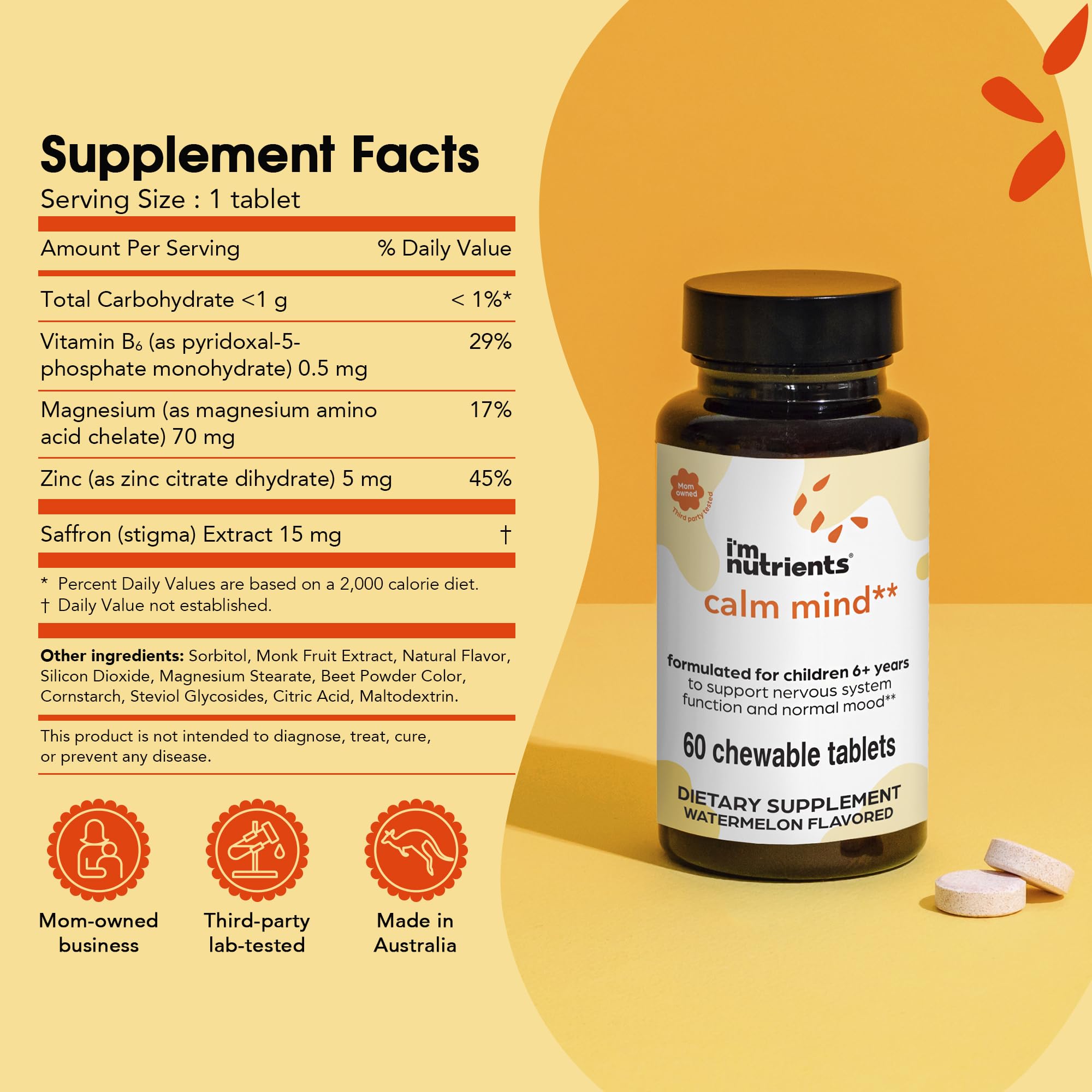 I'm Nutrients Calm Mind tablets closeup for kid-friendly focus and mood balance