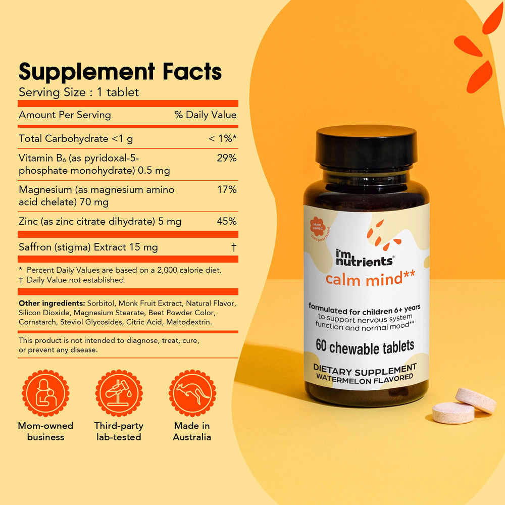 I'm Nutrients Calm Mind tablets closeup for kid-friendly focus and mood balance