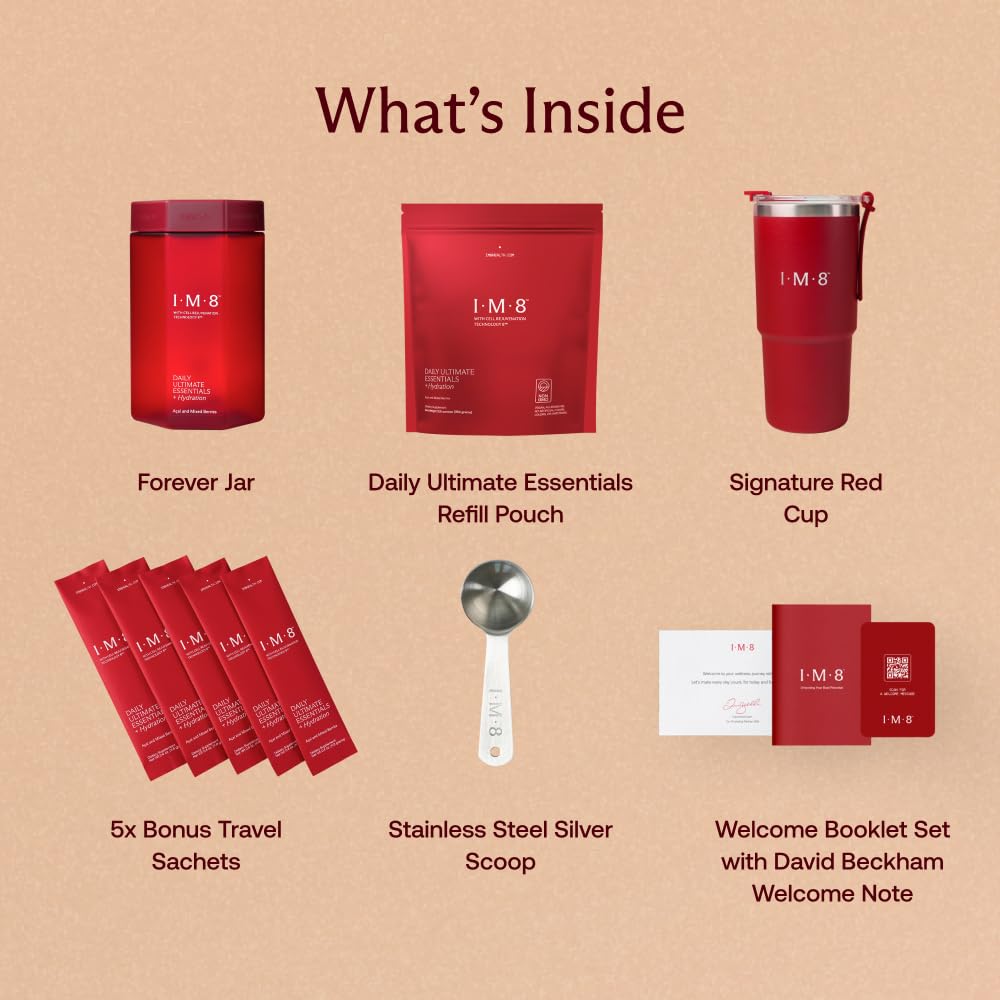IM8 Daily Ultimate Essentials tumbler on counter for easy hydration