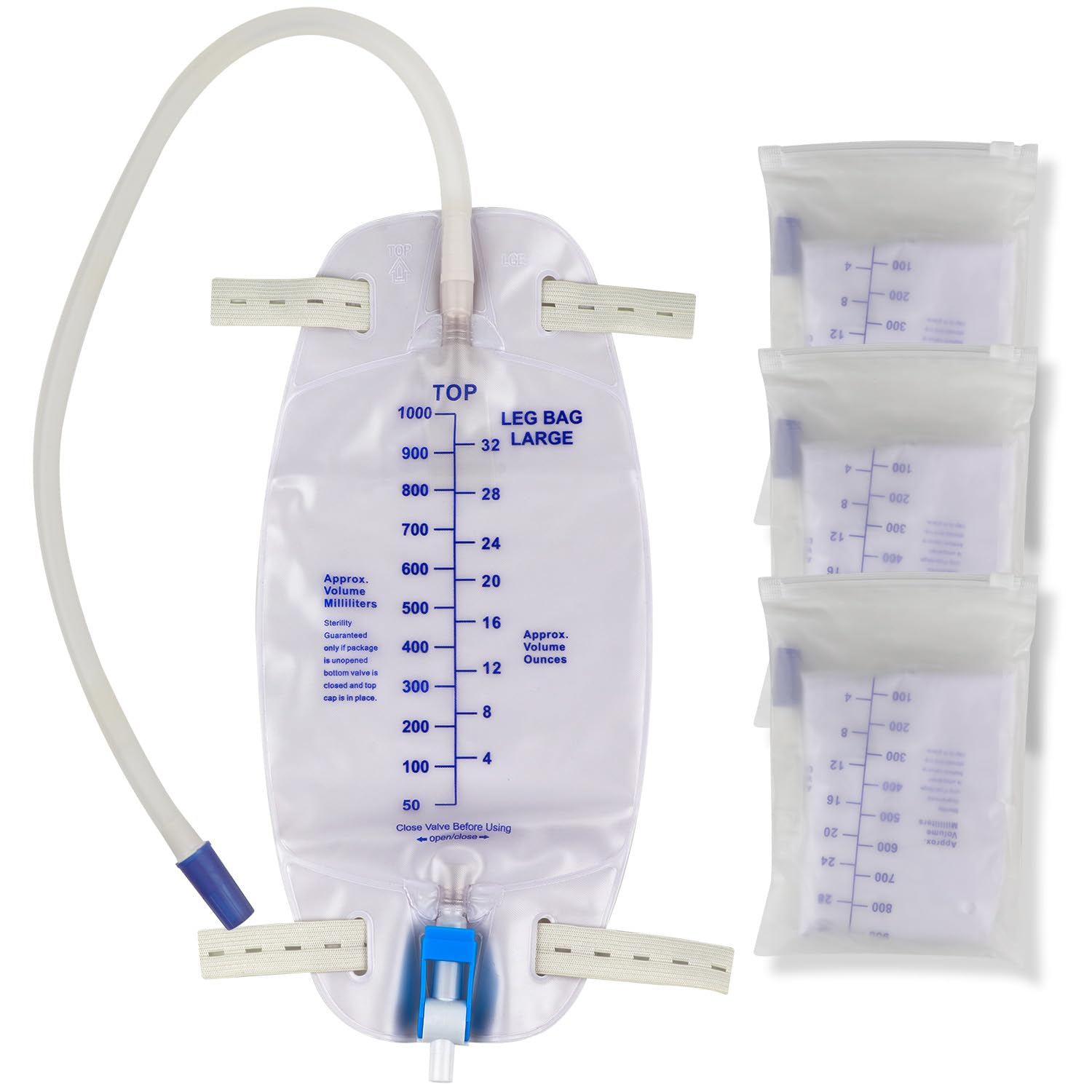 3 Pack Catheter Bags, Premium Easy-Tap Leg Bag Urinary Drainage Bag, 32 Oz with 3 18” Tubing, Anti-Reflux Valve, with Cloth Straps to Attach to Your Foot, Advanced Flip Drain for EZ Disposal