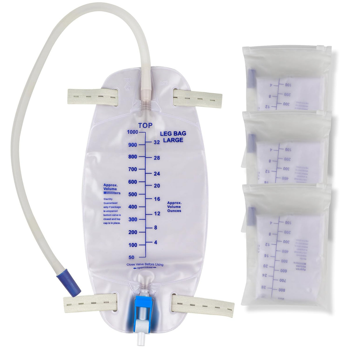 3 Pack Catheter Bags, Premium Easy-Tap Leg Bag Urinary Drainage Bag, 32 Oz with 3 18” Tubing, Anti-Reflux Valve, with Cloth Straps to Attach to Your Foot, Advanced Flip Drain for EZ Disposal