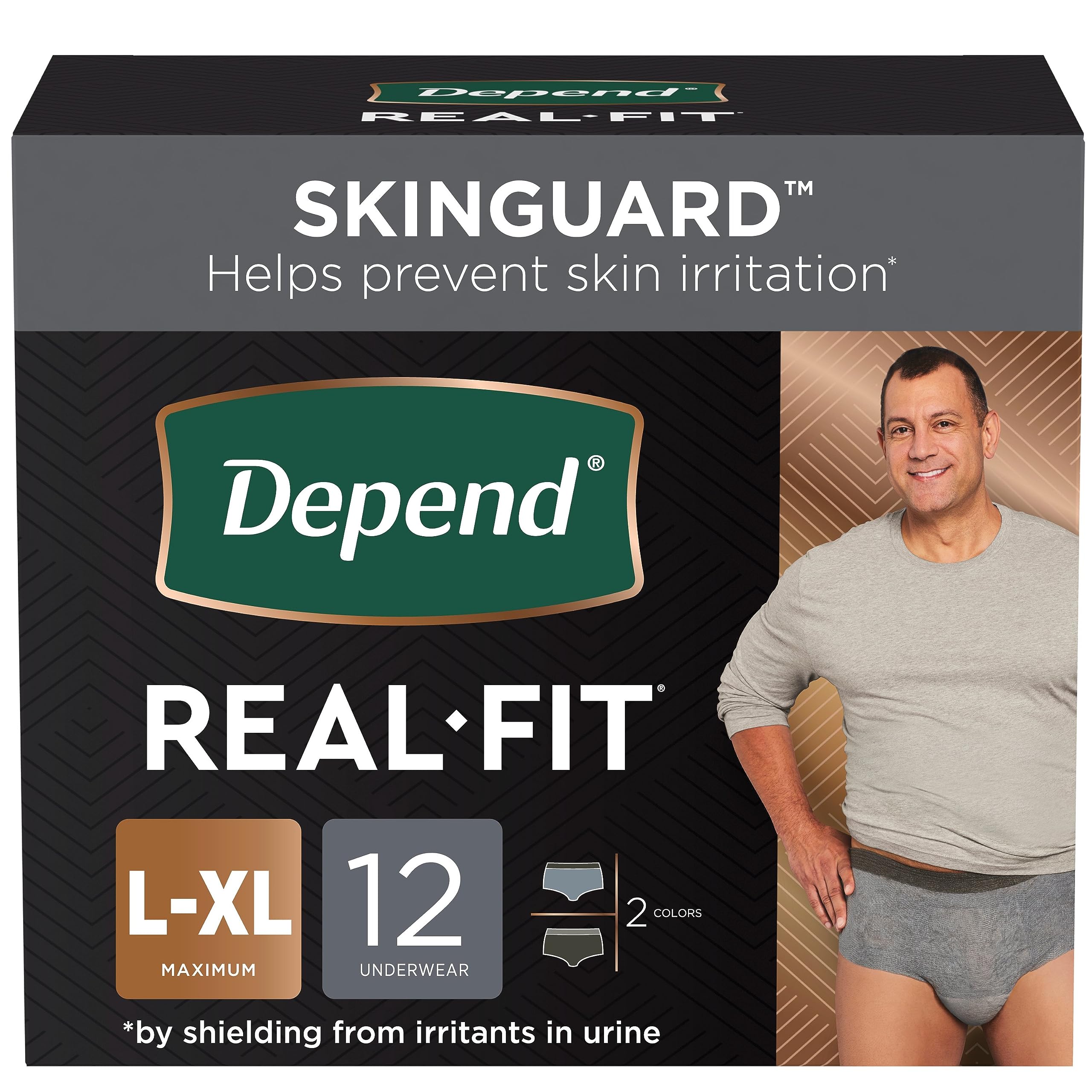 Depend Real Fit Men’s Incontinence Underwear – Maximum Absorbency, Large/X-Large (12ct)