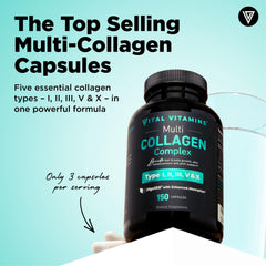 Vital Vitamins label close-up showing hydrolyzed collagen types I–X for skin and joints.
