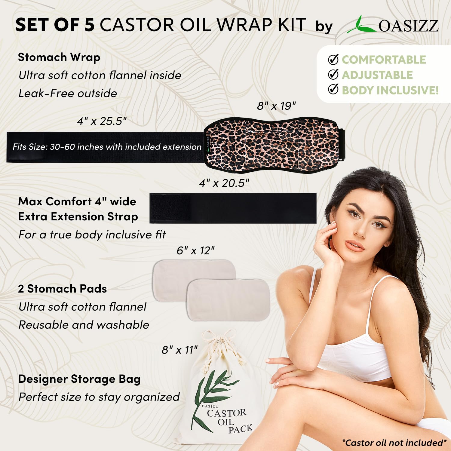 OASIZZ Reusable Castor Oil Pack Wrap for Stomach – 5-Piece, Adjustable 30–60 Inch, Cheetah Dark Fabric