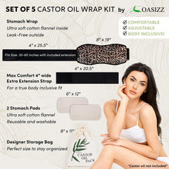 OASIZZ Reusable Castor Oil Pack Wrap for Stomach – 5-Piece, Adjustable 30–60 Inch, Cheetah Dark Fabric
