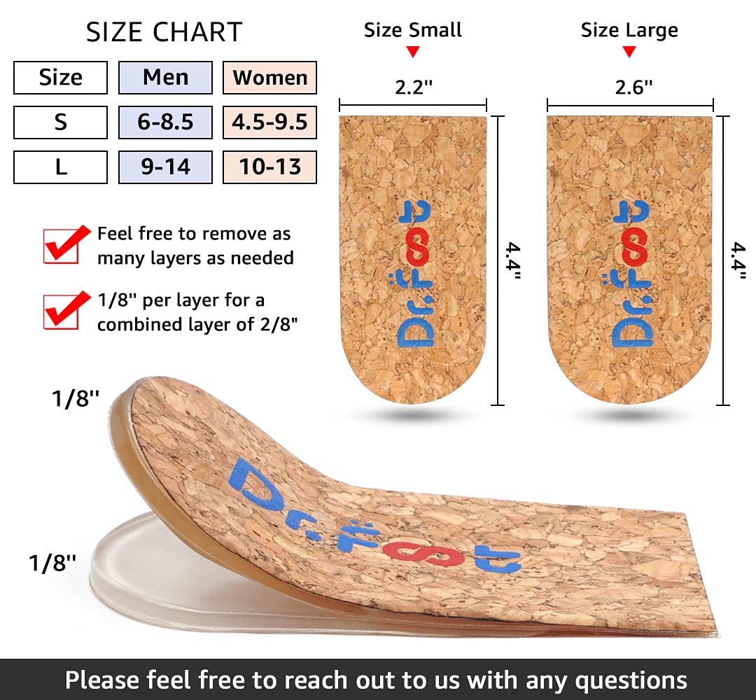 Dr. Foot's Heel Lift for Leg Length Discrepancies, Height Increase Insole for Heel Spurs, Heel Pain, Sports Injuries, and Achilles tendonitis (2 Layers: Small-Women's 4.5-9.5|Men's 6-8.5)