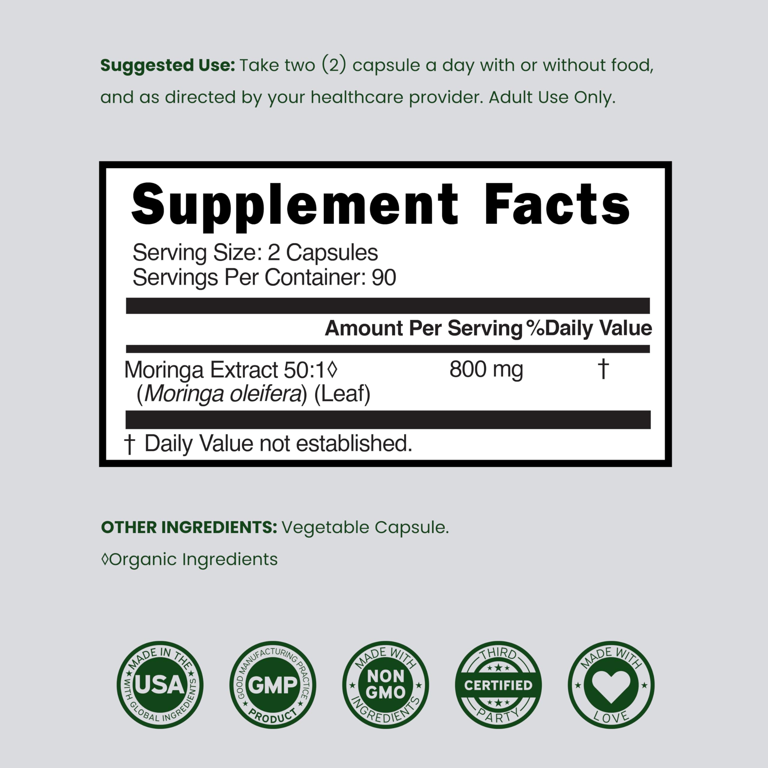 DORADO NUTRITION Moringa Orgánica en Cápsulas: 800 mg por Porción, 180 Cápsulas (3 Meses) - Hecho en Estados Unidos