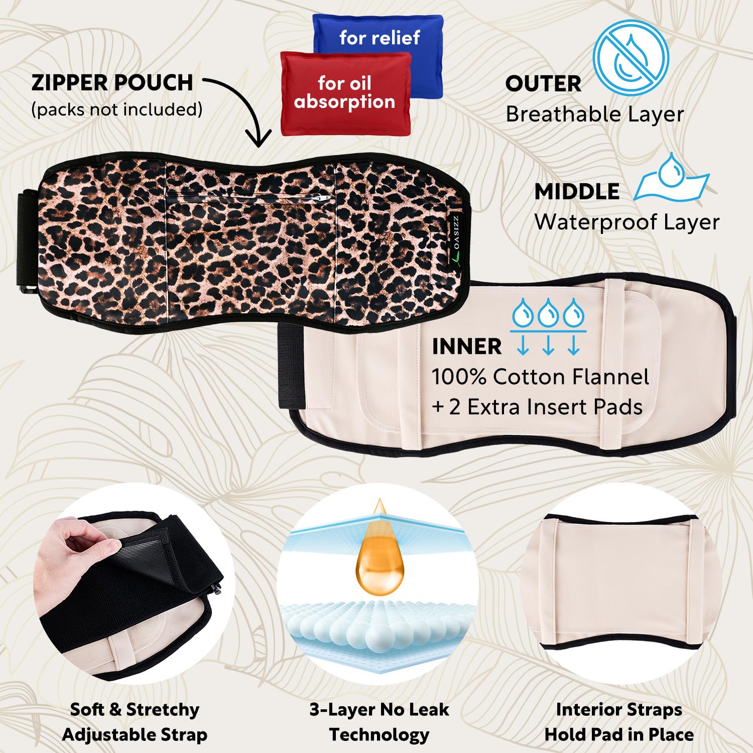 OASIZZ Reusable Castor Oil Pack Wrap for Stomach – 5-Piece, Adjustable 30–60 Inch, Cheetah Dark Fabric