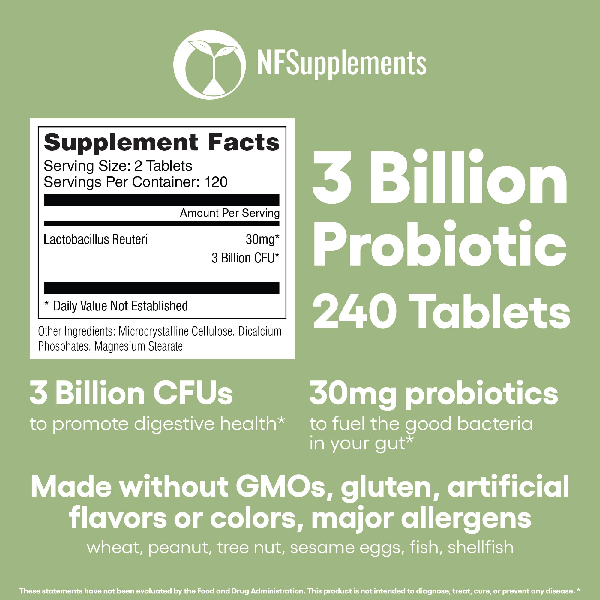 Natural Foundation Supplements Lactobacillus Reuteri Probiotic 3 Billion CFU - 240 Tablets | Gut & Digestive Support