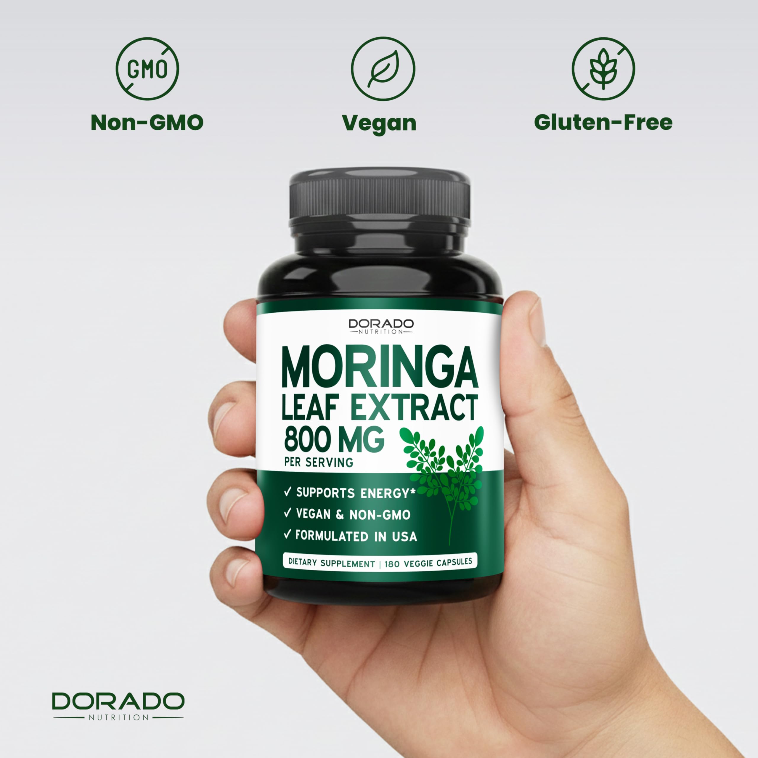 DORADO NUTRITION Moringa Orgánica en Cápsulas: 800 mg por Porción, 180 Cápsulas (3 Meses) - Hecho en Estados Unidos