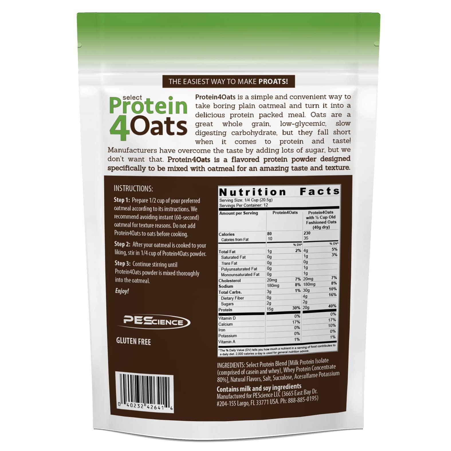 PEScience Protein4Oats, polvo para avena proteica con sabor Manzana Canela, sin gluten, 12 porciones