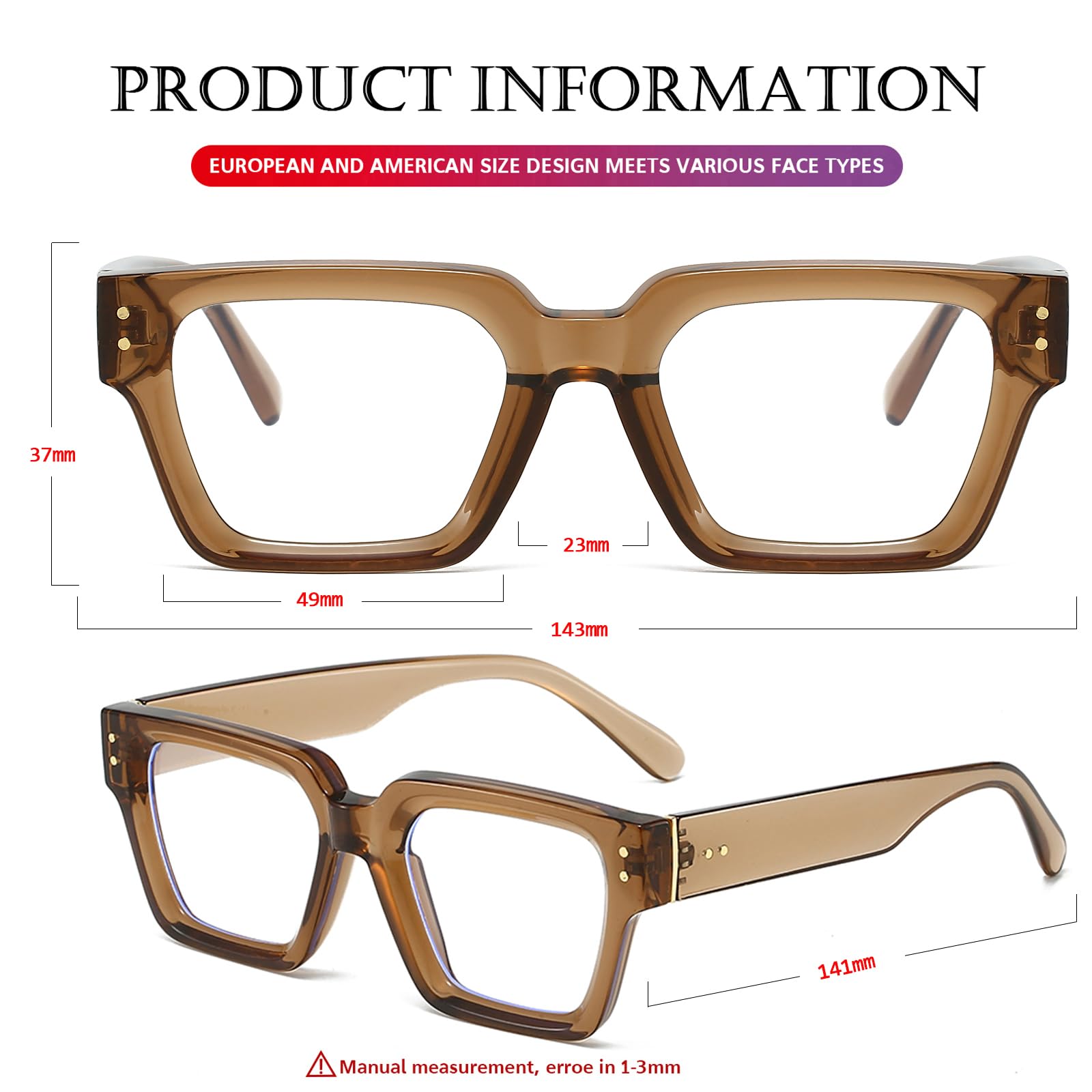 PORADAY Gafas Cuadradas con Luz Azul Marrón para Hombre y Mujer – Estilo y Confort