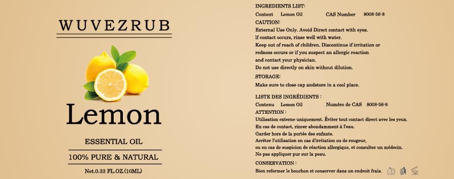 Wuvezrub Aceite Esencial de Limón 10 ml – 100% Puro y Natural para Aromaterapia