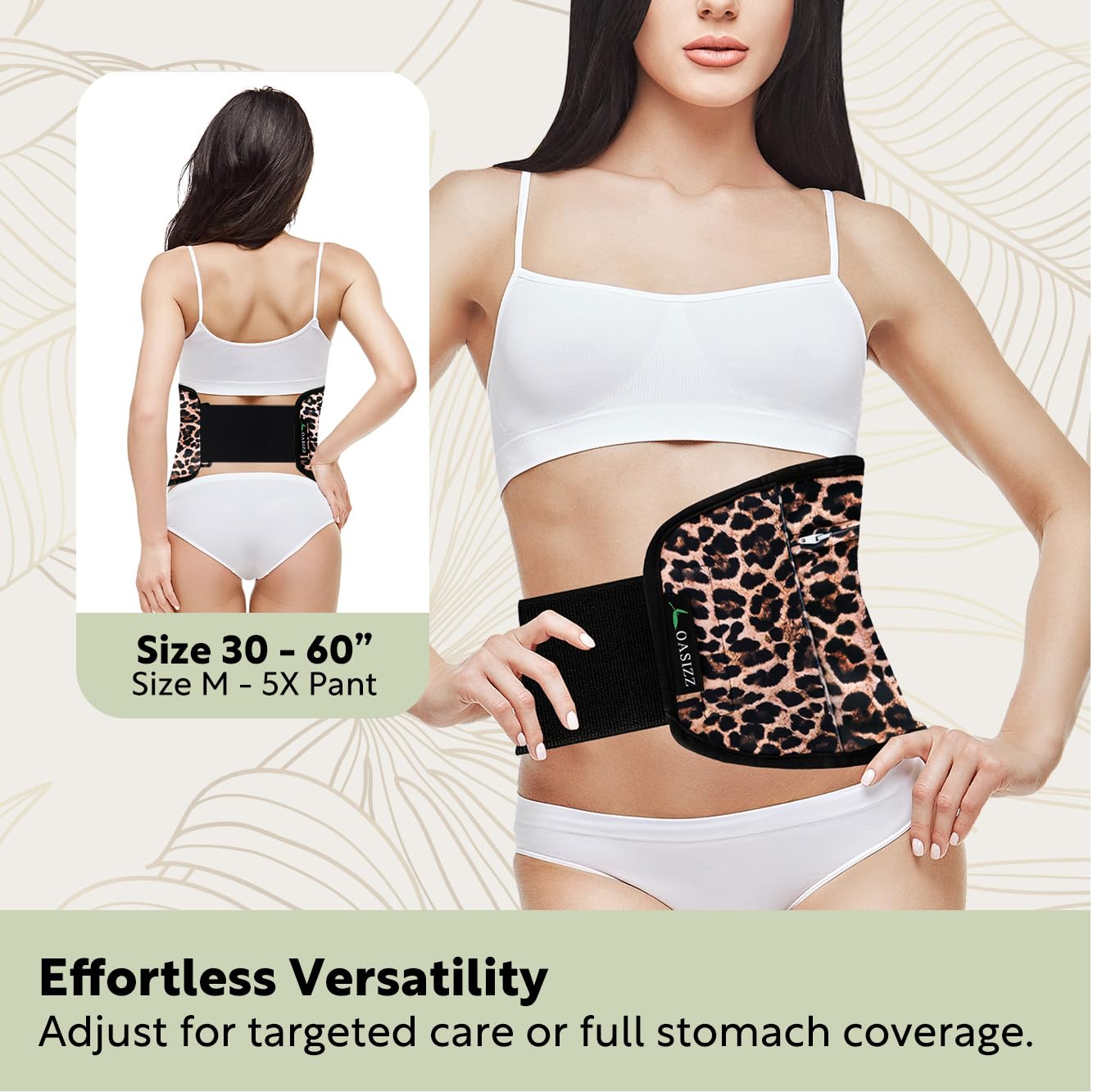 OASIZZ Reusable Castor Oil Pack Wrap for Stomach – 5-Piece, Adjustable 30–60 Inch, Cheetah Dark Fabric