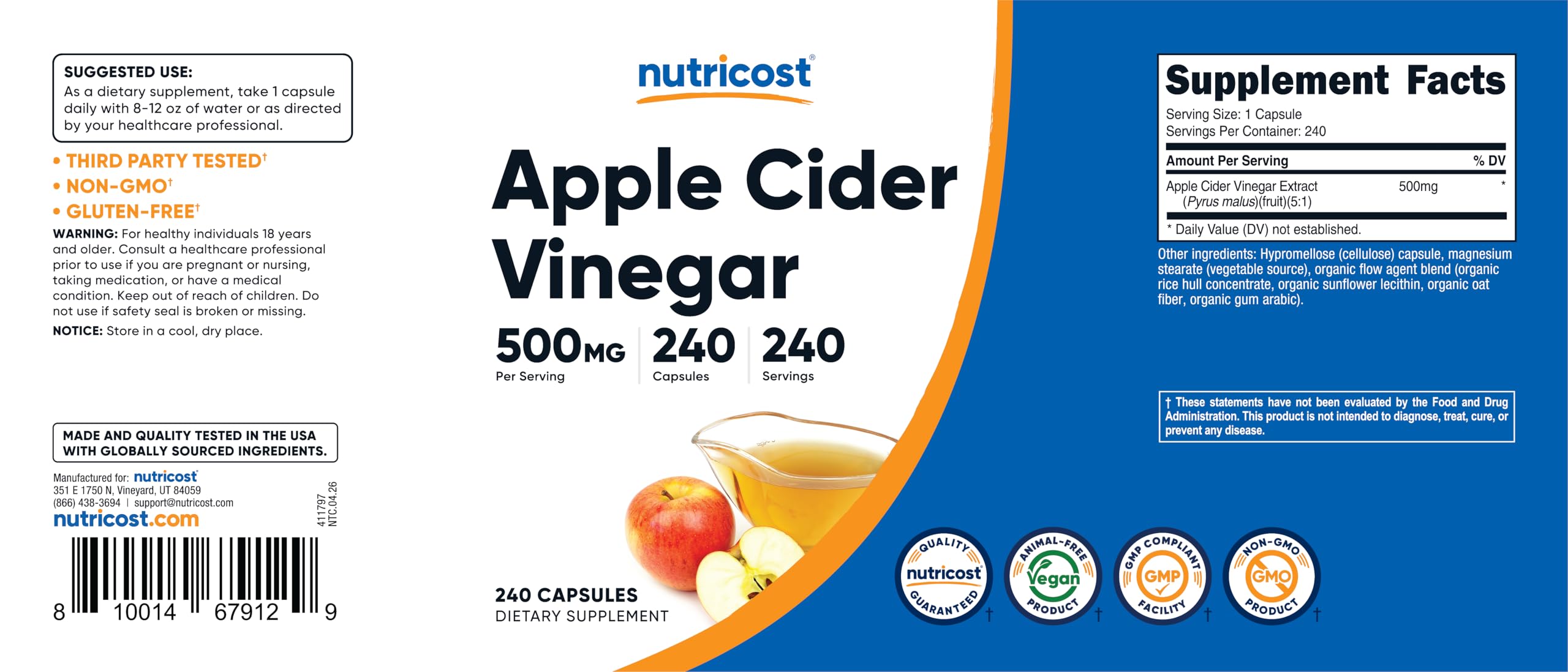 Nutricost Apple Cider Vinegar Capsules 500mg – 240 Vegetarian Capsules | Non-GMO & Gluten Free