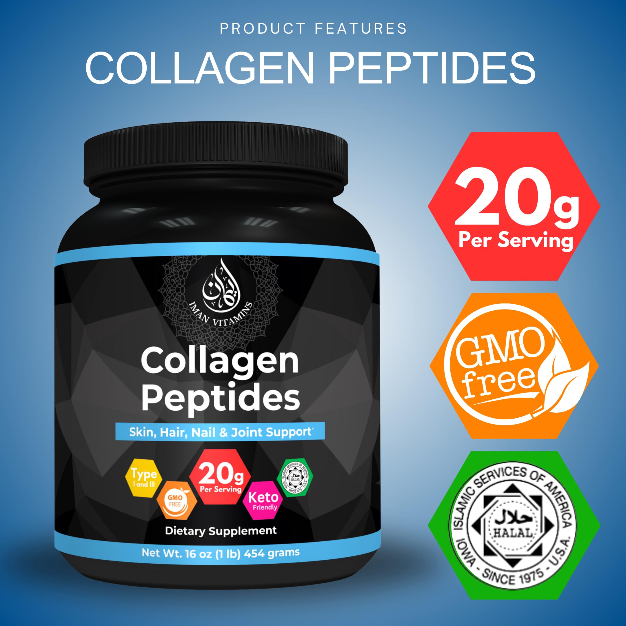 Iman Vitamins collagen powder scoop shows easy daily protein portion.