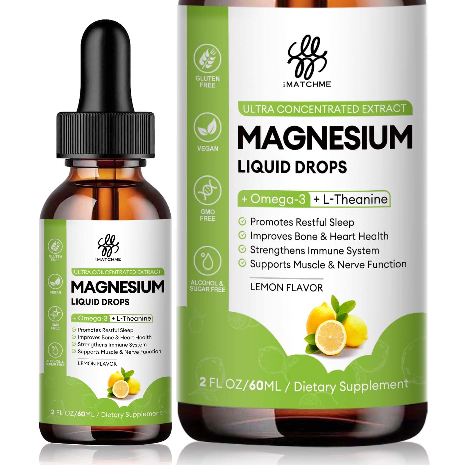 iMATCHME magnesium complex liquid bottle with lemon flavor for easy daily use.