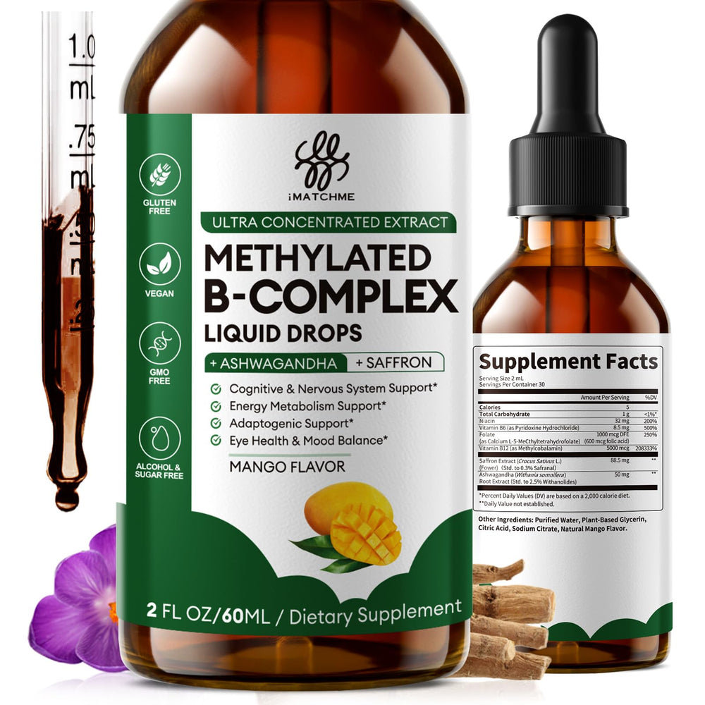 iMATCHME methylated B-complex liquid drops bottle showing bioactive vitamins for easy absorption and daily energy.