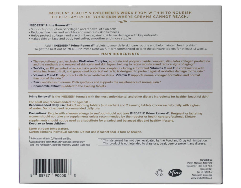 Imedeen Prime Renewal label detail highlighting collagen and elastin-inspired skin nourishment.