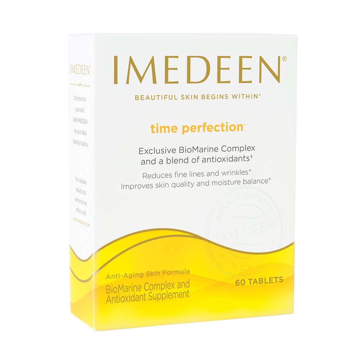Imedeen Time Perfection bottle front showing a premium supplement for nourished skin