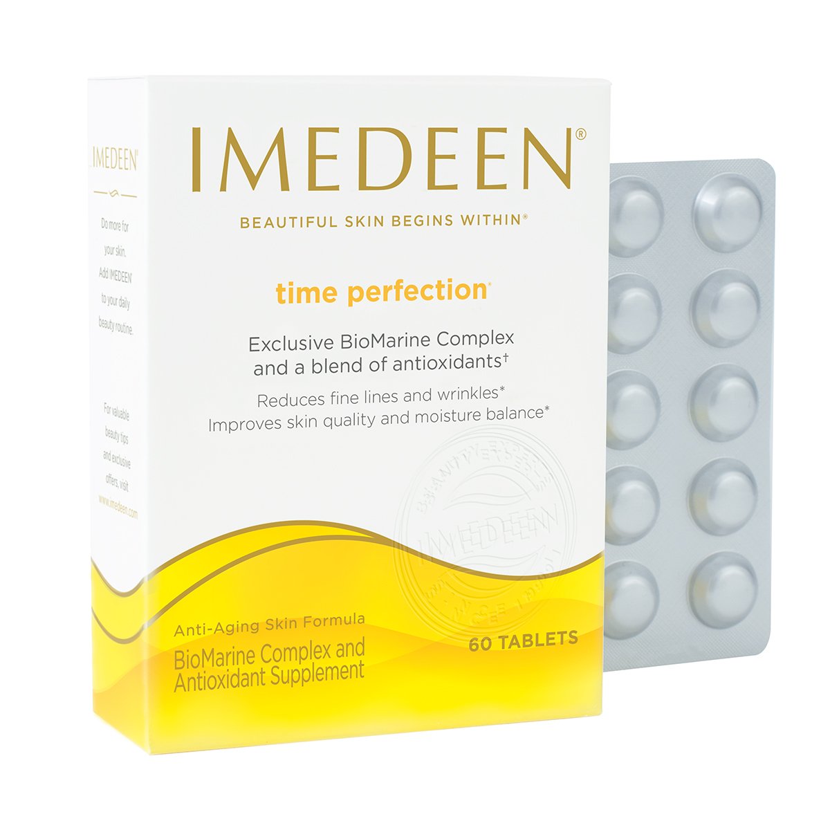 Imedeen Time Perfection capsules closeup highlighting daily soft, smoother skin potential