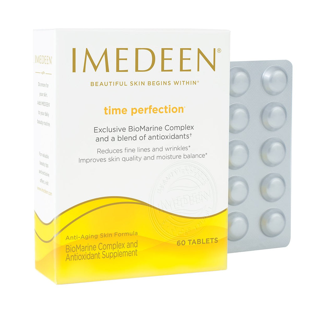 Imedeen Time Perfection capsules closeup highlighting daily soft, smoother skin potential