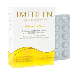 Imedeen Time Perfection capsules closeup highlighting daily soft, smoother skin potential