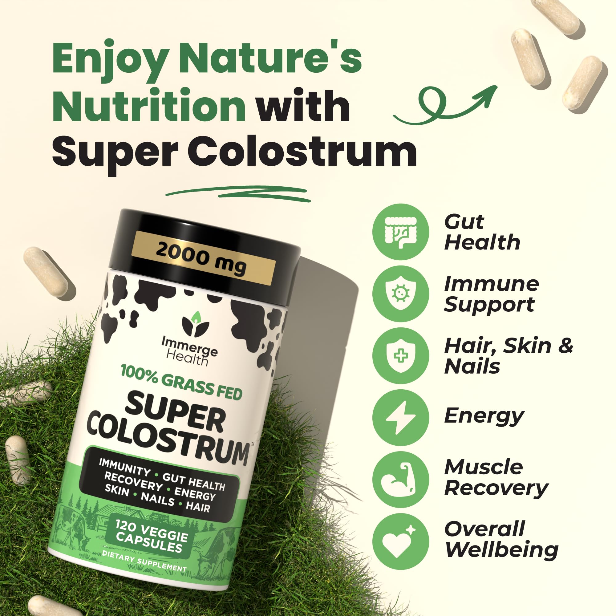 Immerge Health grass-fed label close-up signaling pure colostrum source for immune support.