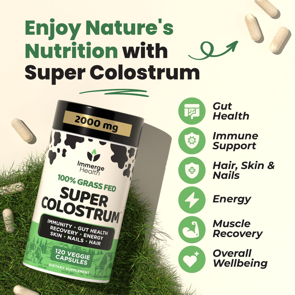 Immerge Health grass-fed label close-up signaling pure colostrum source for immune support.