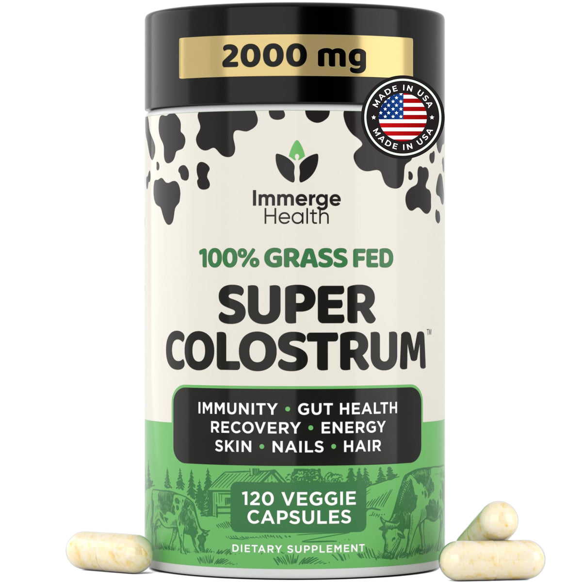 Immerge Health Super Colostrum bottle shows grass-fed formula for daily wellness.