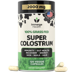 Immerge Health Super Colostrum bottle shows grass-fed formula for daily wellness.
