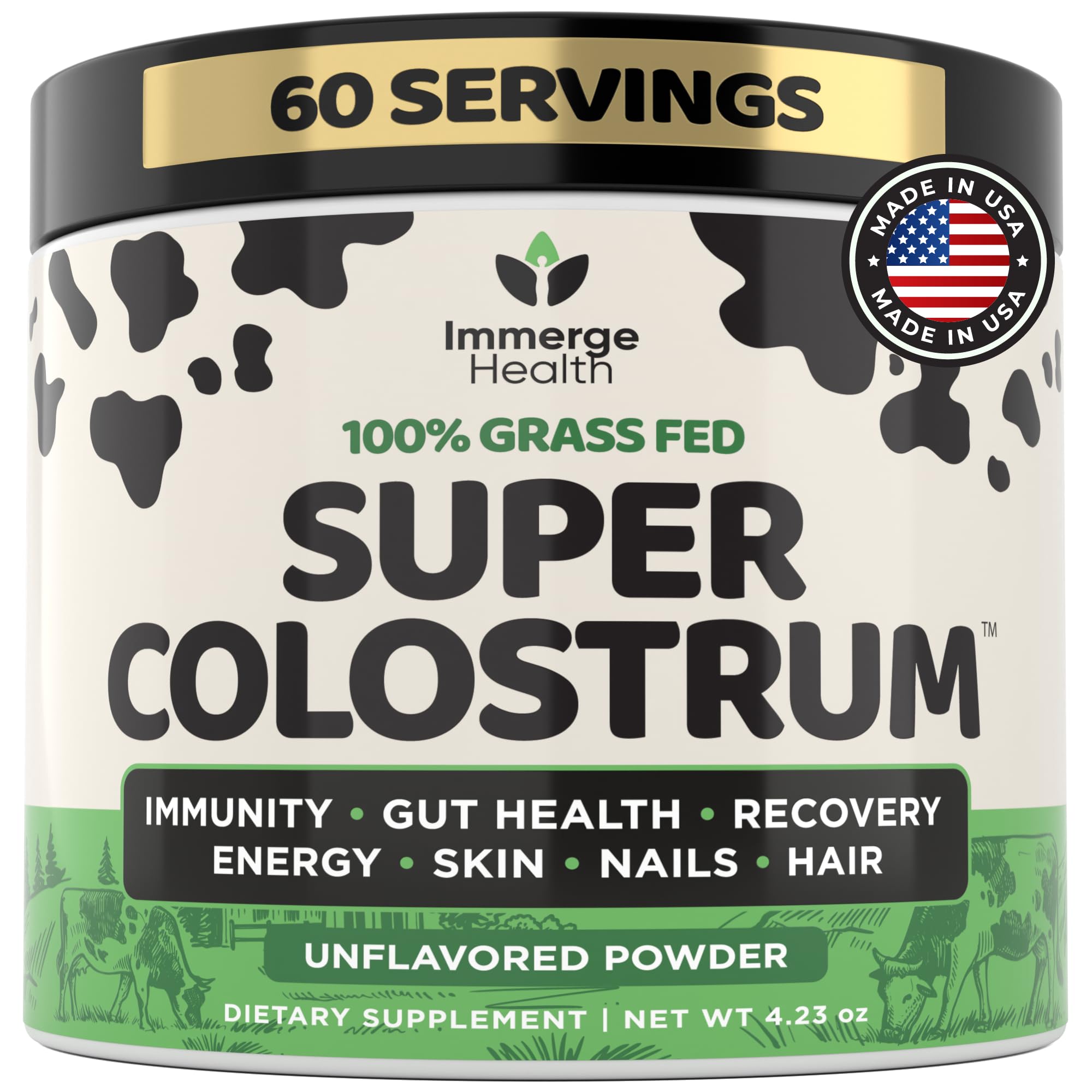 ImmergeHealth Super Colostrum bottle showing grass-fed formula for gut support