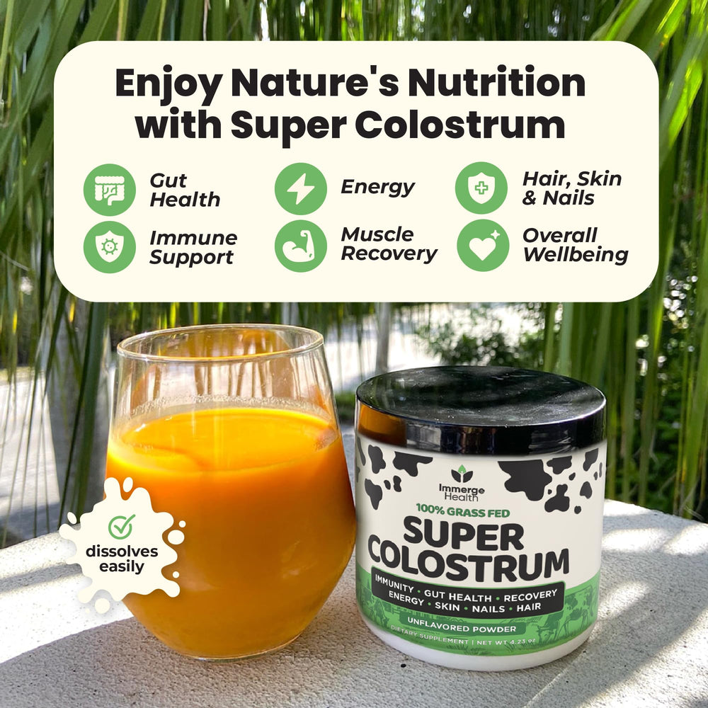 ImmergeHealth Super Colostrum powder jar highlights unflavored, GMO-free daily nutrition