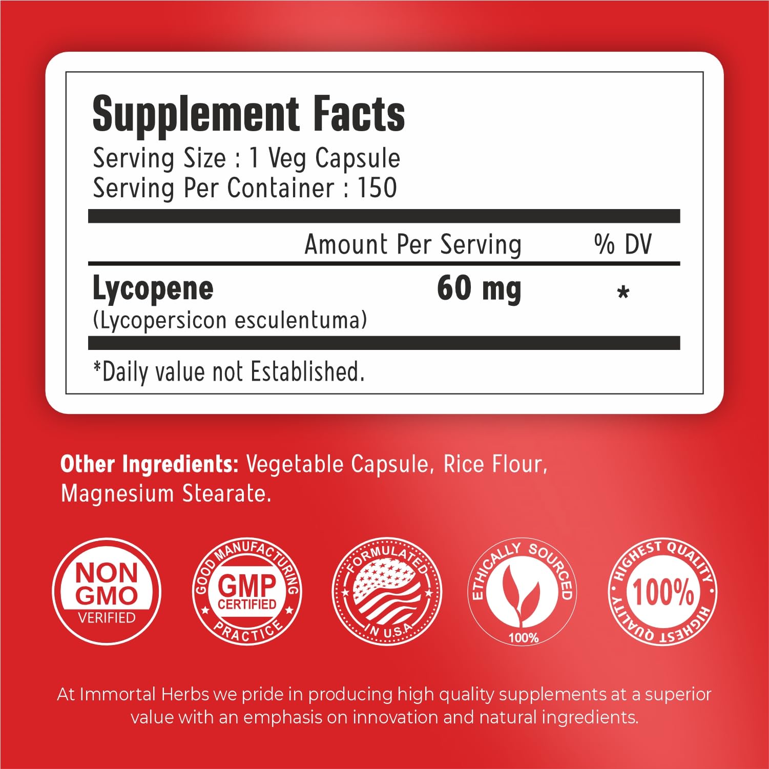 Close-up of Immortal Herbs lycopene capsules highlighting vegan formula.