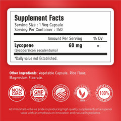 Close-up of Immortal Herbs lycopene capsules highlighting vegan formula.