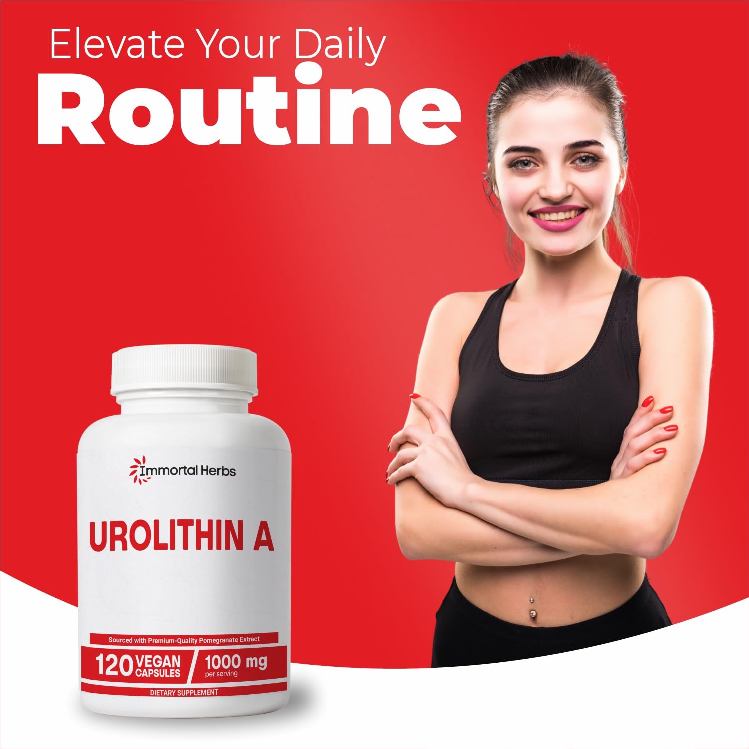 Immortal Herbs Urolithin A+ supplement on desk suggests easy daily routine.