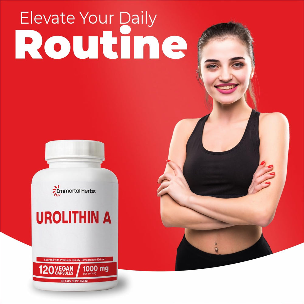 Immortal Herbs Urolithin A+ supplement on desk suggests easy daily routine.